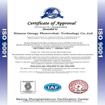 Certificate ISO9001 of Stainless Steel Solar Roof Hook Kit